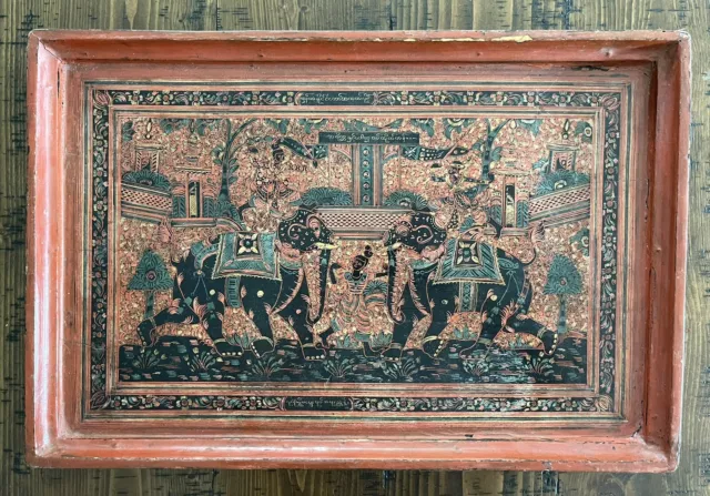 Vintage Burmese Lacquerware Rectangle Tray Wood Elephant Wooden Burma