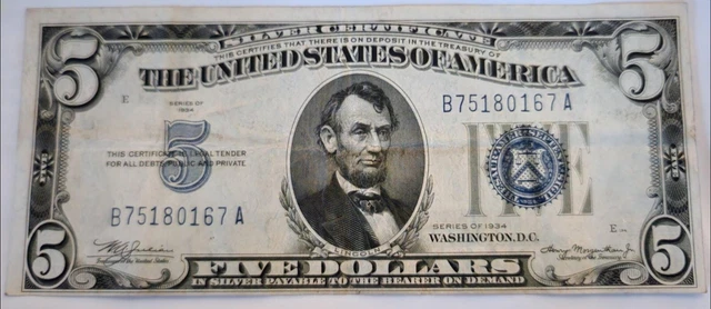1934 $5 Five Dollar Blue Seal Silver Certificate