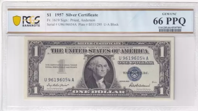 1957 $1 Blue Seal Silver Certificate PCGS Graded Gem UNC 66PPQ
