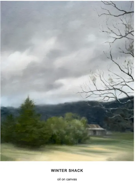 Australian landscape painting. ‘Winter Shack'  by Romany Mollison, 2022