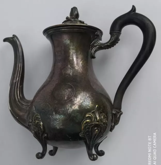 Théière Métal Bronze argenté verseuse Cafetière Christofle décorée monogrammée