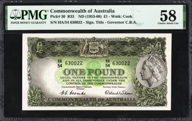 Australia 1 One Pound P30 R33 1953-60 Coombs Wilson PMG58 aUNC Banknote HISTORIC