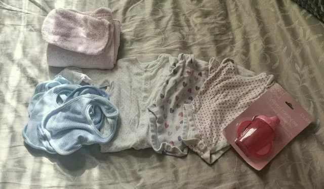 Baby Girl Bundle 6-9 months Mixture of Clothing, Towel, Bibs Bundle with NEW Cup