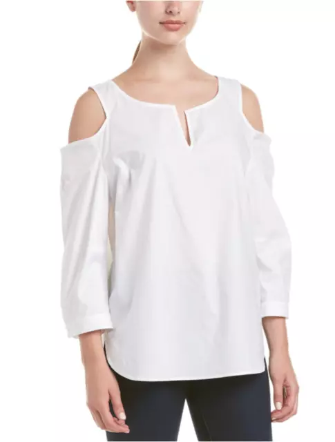 NYDJ Women's Cold Shoulder Cut-Out Split Neck Top In White Size S $147
