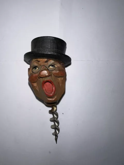 VINTAGE ANRI ITALY HAND CARVED  WOOD "MAN Screaming IN BLACK HAT" CORK SCREW