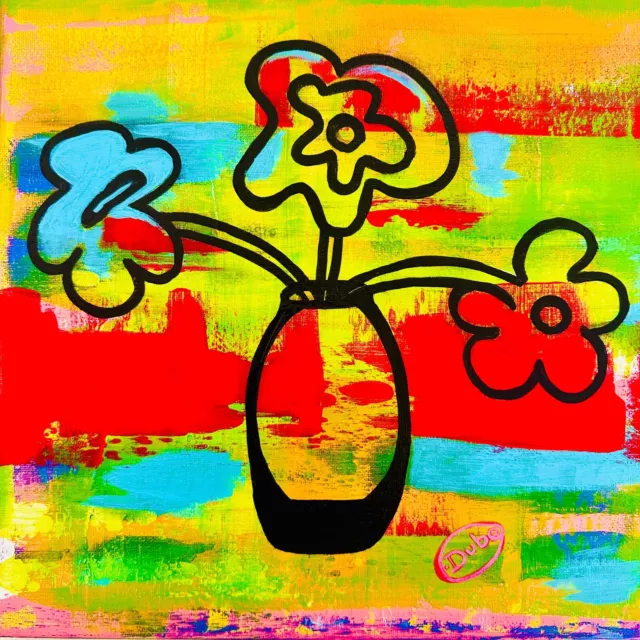 Abstract Flowers Vase Colorful ORIGINAL Painting on Canvas 12" x 12" Jeri Dube