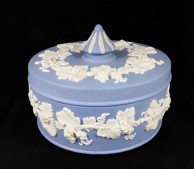 Large Wedgwood Blue & White Jasper Lidded Bon Bon Dish Grapes and Vines Pattern