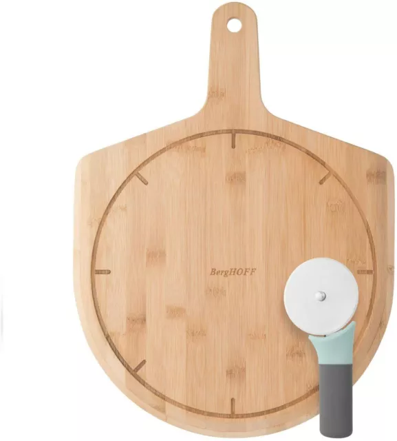 BergHOFF – Leo Bamboo Pizza Serving Set with Pizza Cutter – Natural, Grey & Mint