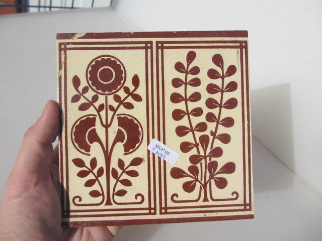 Antique Ceramic Tile Vintage Floral Art Nouveau Flowers Old Leaf "Maw Co"