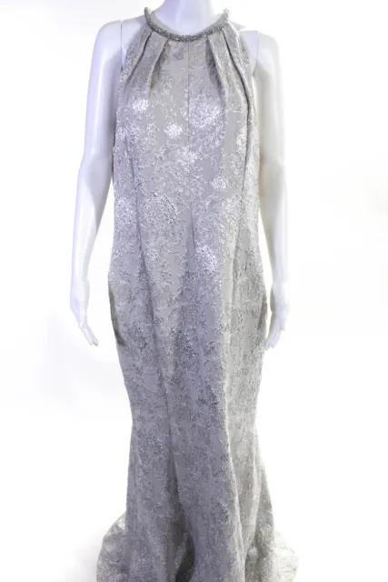 Carmen Marc Valvo Womens Silver Evening Gown Embellished Metallic Size 16