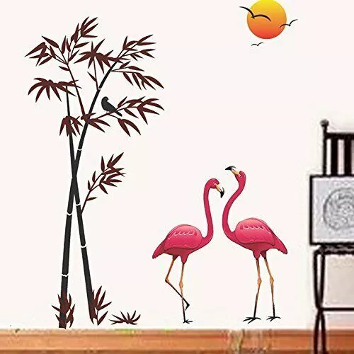 Wall Stickers Pink Flamingos & Bamboo at Sunset Vinyl Decals Home Decoration