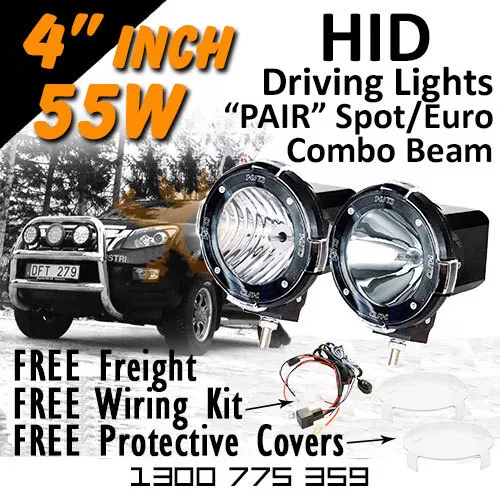 HID Xenon Driving Lights - Pair 4 Inch 55w Spot/Euro Beam Combo 4x4 4wd Off Road