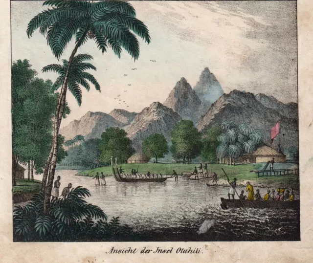 Français Polynésie Tahiti Original Coloriée Lithographie Völkergalerie 1840