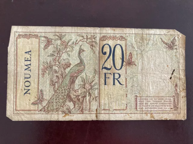 WW2 Noumea Banque De Indochina note/paper money. Vingt/20 Francs H.40 213 2