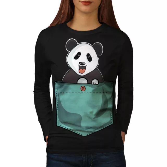 Wellcoda Cute Lil Panda Womens Long Sleeve T-shirt, Pocket Bear Casual Design