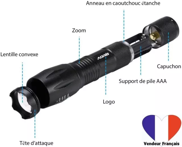 Lot de 2 Lampe torche LED Ultra Puissante 1000Lumens 5 Modes Antichoc et étanche 3