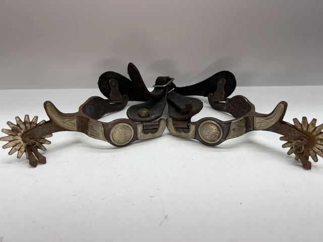 Pair of Vintage Spurs Cowboy Western Boot Leather Straps Hand Engraved Design