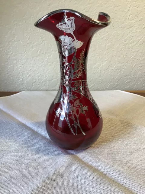 Vintage Ruby Red Glass 7” Vase Floral STERLING SILVER OVERLAY 40th Anniversary