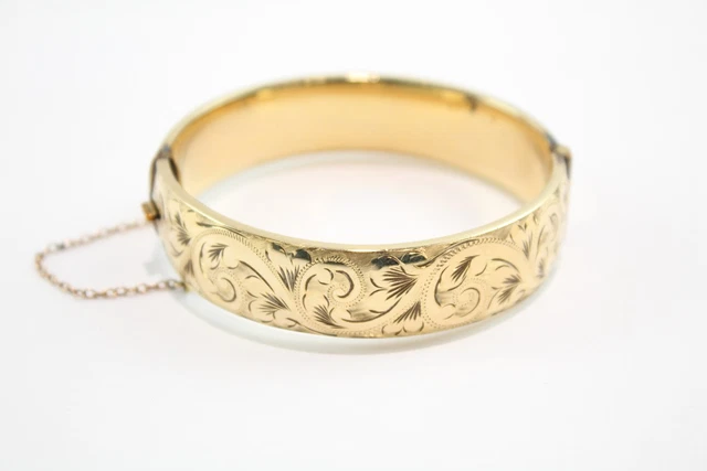 9ct Rolled Gold Bangle 1/5th Metal Core Etched Mid Century Safety Chain