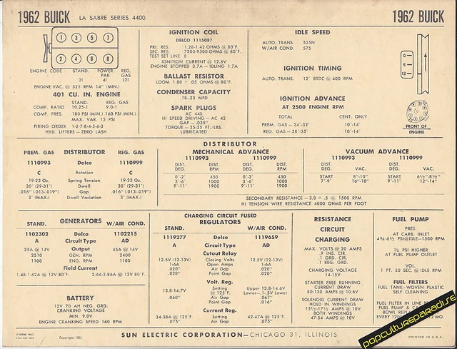 1962 BUICK LE SABRE SERIES 4400 V8 401 ci Engine Car SUN ELECTRONIC SPEC SHEET