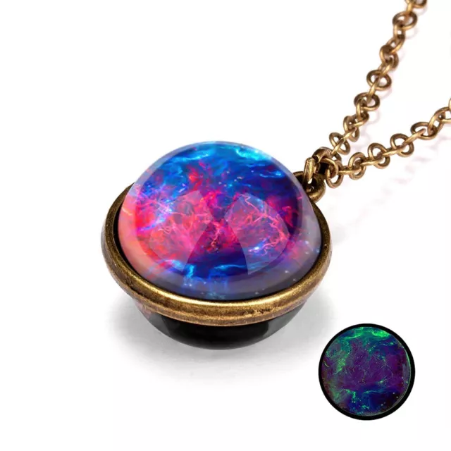 Glow In The Dark Galaxy System Double Sided Glass Dome Planet Necklace Pendant
