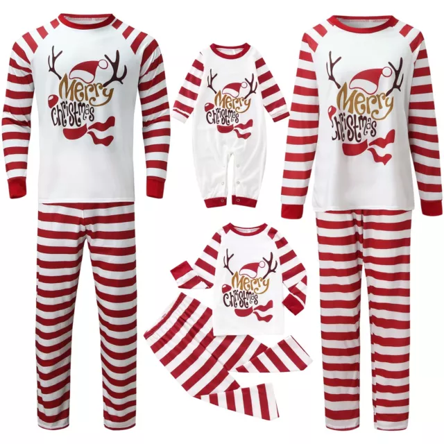Christmas Striped Tops Pants Pajamas Set Kids Mom Dad Xmas Family Matching Suit