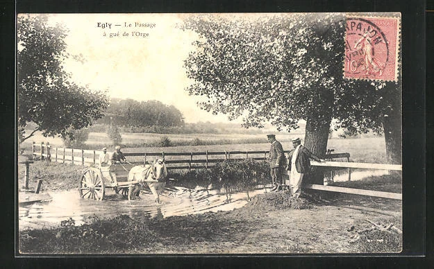 CPA Egly, Le Passage a gue de l´Orge, chevauxkarren im Bach