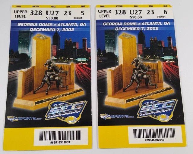 2002 SEC Championship tickets (2) - Georgia Bulldogs vs. Arkansas Razorbacks
