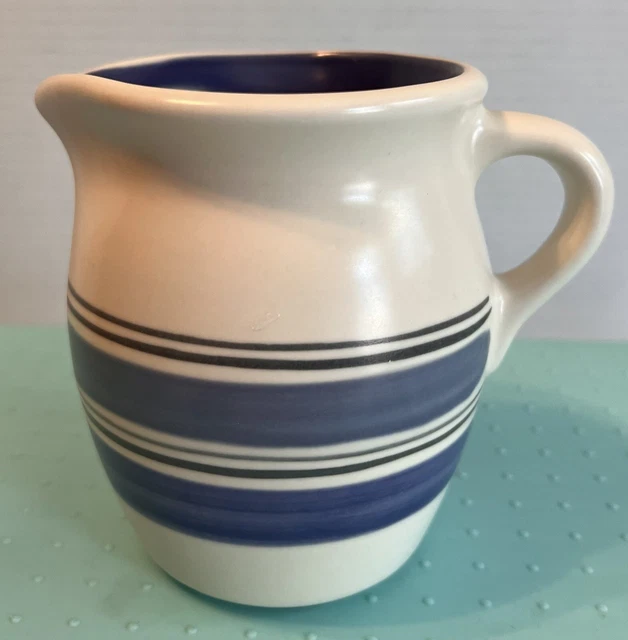 Pfaltzgraff Rio Sm Pottery Pitcher 6” Cream Blue Stripe Blue Inside Sauce Gravy