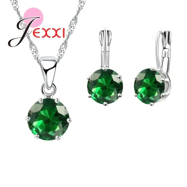 925 Sterling Silver Green CZ Crystal Necklace Pendant and Earring Set UK SELLER