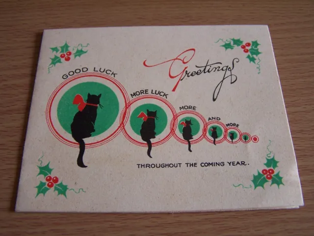 Vintage Black Cat Christmas Greetings Card Good Luck