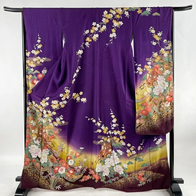 Japanese Kimono Furisode Pure Silk Dark Purple Embroidery Gold And Silver Paint