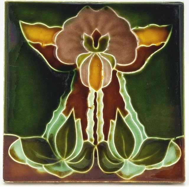 Antique Fireplace Art Nouveau Majolica tile by Henry Richards. C1905 AE8