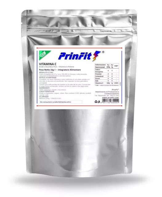 1 kg - Vitamina C Polvere Pura 100% - E300 Acido Ascorbico Integratore - PrinFit