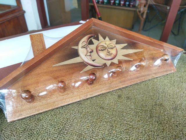 Sun Moon Hanger Wooden Antique Hand Old Cloth Wall Carved Hook Vintage Key Hang 3