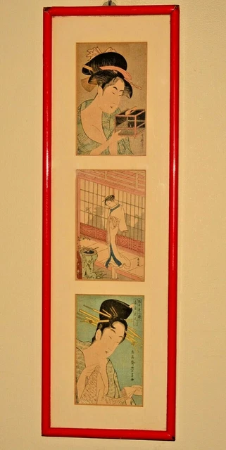 Antique Original Signed Japanese Triptych Edo Ukiyo-e Kabuki Woodblock Print Set