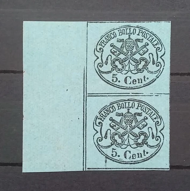 Italie 1867 Stato Pontificio 2x 5 cent bleu Neuf marge Sans gomme