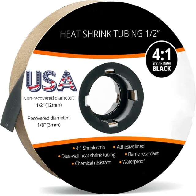 10 ft Black 4:1 Ratio Adhesive Lined Marine Grade 1/2" (12mm) Heat Shrink Tubing