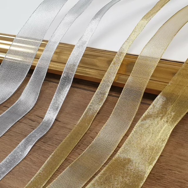 Small-Large GOLD/SILVER ORGANZA WIRED RIBBON Thin-Wide Craft Cake Edge Per Metre