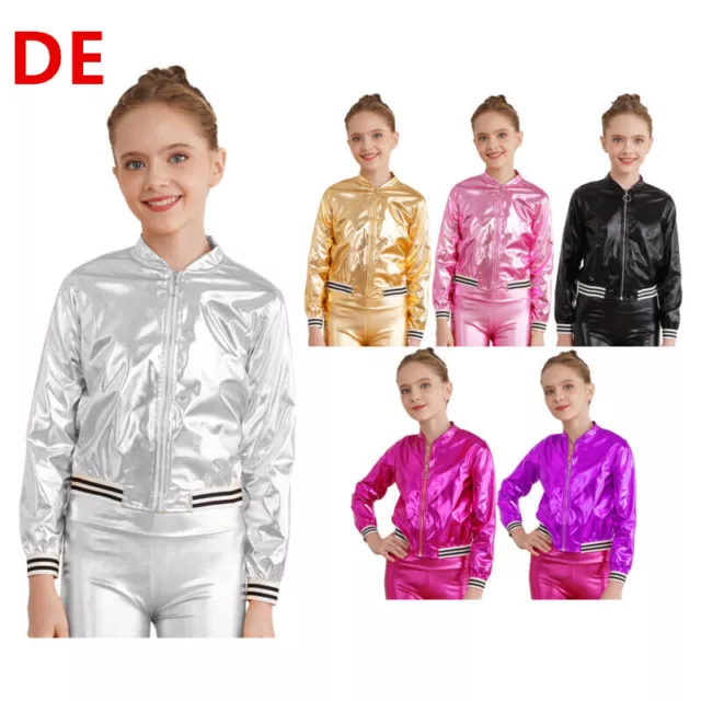 DE Kinder Jungen Mädchen Metallic Jacke Glänzend Bomberjacke Mantel Tanzkostüm