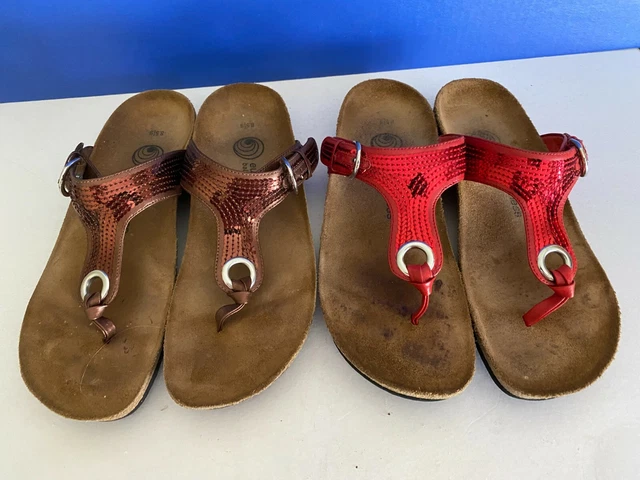 Women  2 Pair Eurowellness Balance Red-Copper Buckle Thong Flip Flops 8.5