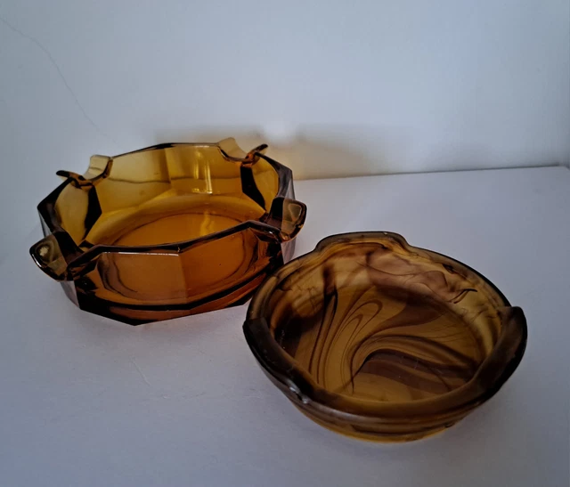 Pair Art Deco Amber Glass Ashtrays One Clear One Smoke Pattern