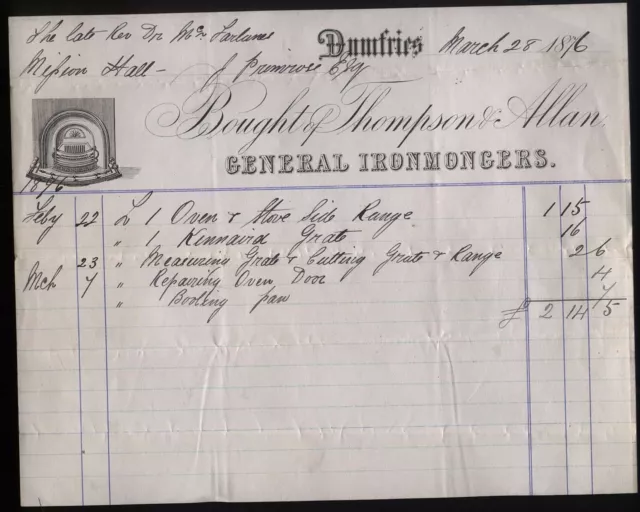 1876 DUMFRIES Thompson & Allan, GENERAL IRONMONGERS billhead