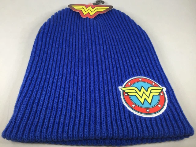 Wonder Woman Logo Patch Dc Comics Blue Winter Knit Beanie Cap Uncuffed New 2017