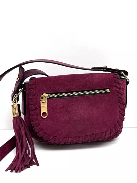 Milly Astor Suede Whipstitch Small Saddle Crossbody Bag Purse Merlot