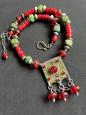 Hebron  & Vaseline Vintage Beads W/ Old Berber Moroccan Enameled Hirz necklace.