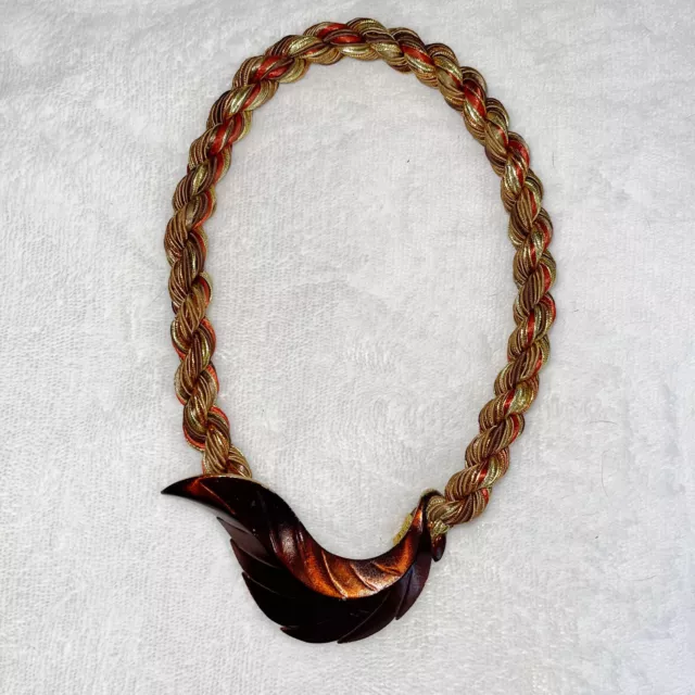 Vintage Leaf choker necklace Brass Copper Color Cord Chain Hook Clasp 18" long