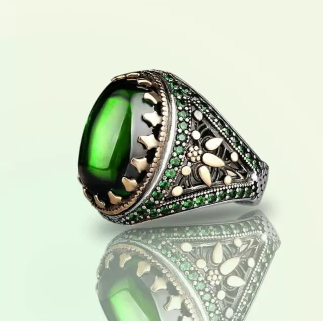 Men's Ring 925 Sterling Silver Turkish Handmade Jewelry Topaz Green Stone