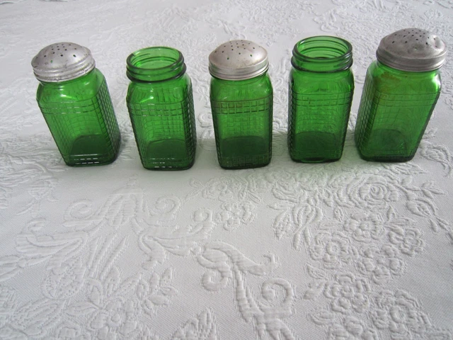 5 Antique HOOSIER Cabinet Green Waffle Glass CANISTER SPICE JARS w/Metal Lids