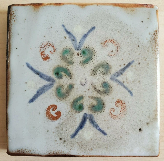 Antique Vintage Floral Wall Tile Handpainted Blue Green Red 4.25" CHIPPED